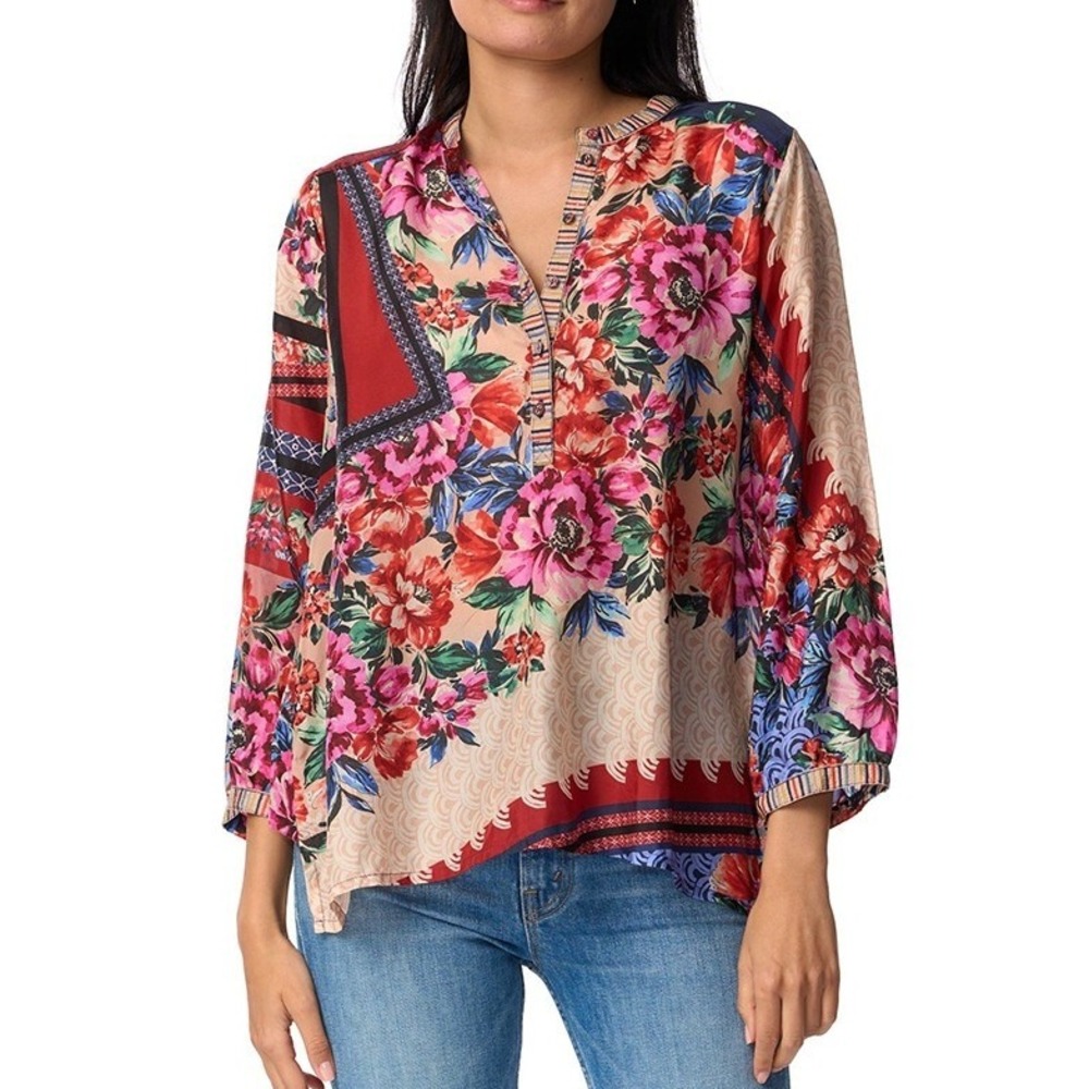Johnny Was Window‎ Lin Blouse Multi Floral Silk Boho Top Women Sz XS